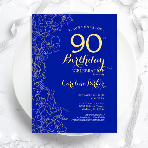 Royal Blue Gold Floral 90. Geburtstagsparty Einladung