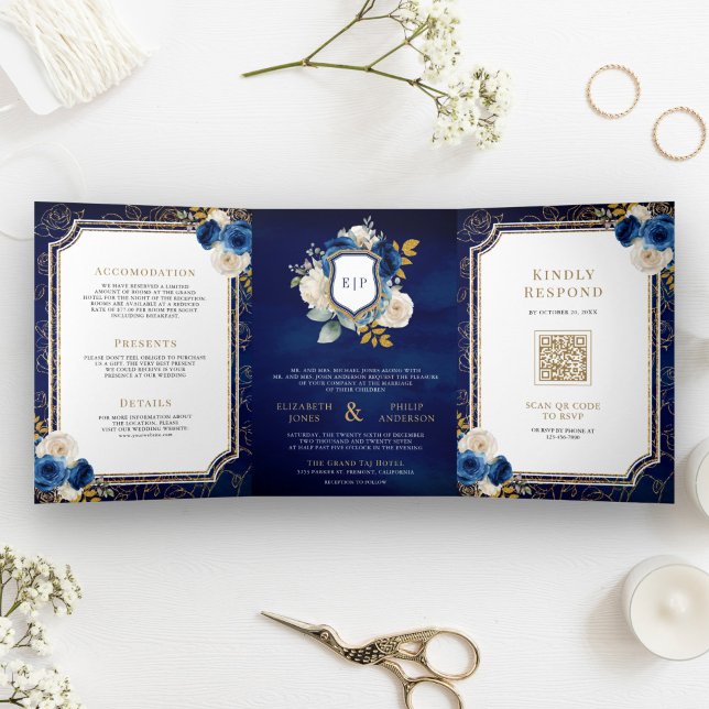 Royal Blue Gold Floral All in One Wappen Wedding Dreifach Gefaltete Einladung (Von Creator hochgeladen)