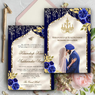 Royal Blue Gold Floral Anand Karaj Sikh Wedding Einladung