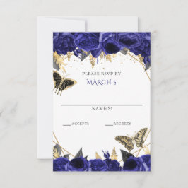 Royal Blue Gold Floral Butterfets Quinceanera RSVP Karte