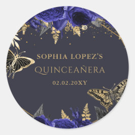 Royal Blue Gold Floral Butterfets Quinceanera Runder Aufkleber