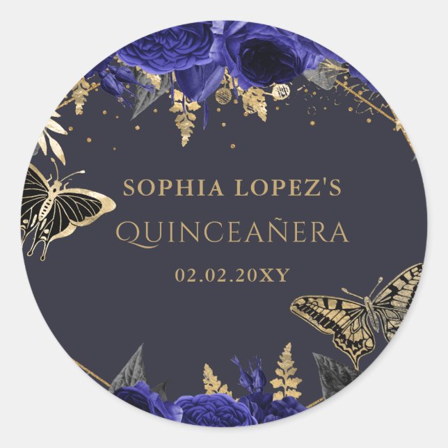 Royal Blue Gold Floral Butterfets Quinceanera Runder Aufkleber (Vorderseite)