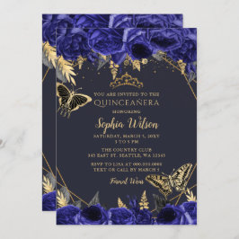 Royal Blue Gold Floral Butterfly Quinceñera Einladung