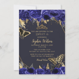 Royal Blue Gold Floral Butterfly Sweet 16 Einladung
