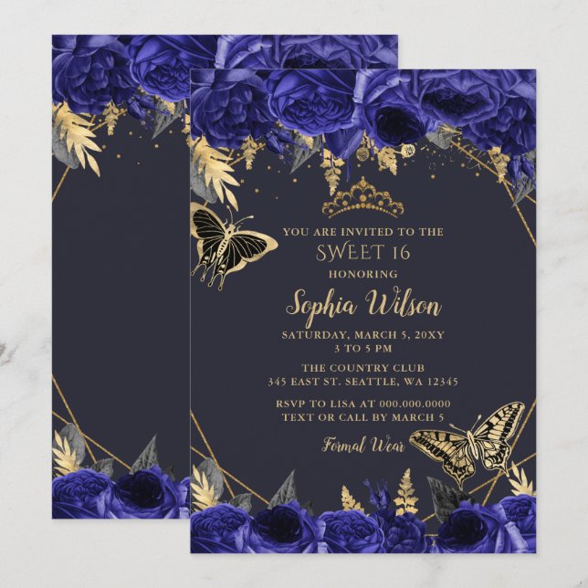 Royal Blue Gold Floral Butterfly Sweet 16 Einladung (Vorne/Hinten)