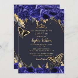 Royal Blue Gold Floral Butterfly Sweet 16 Einladung