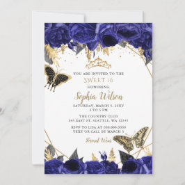 Royal Blue Gold Floral Butterfly Sweet 16 Einladung