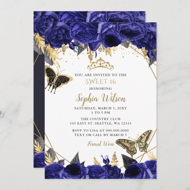 Royal Blue Gold Floral Butterfly Sweet 16 Einladung (Vorne/Hinten)