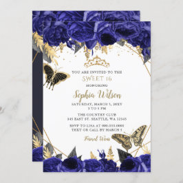 Royal Blue Gold Floral Butterfly Sweet 16 Einladung
