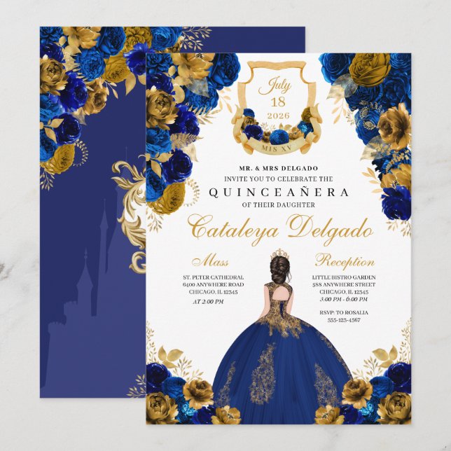 Royal Blue & Gold Floral Elegante Quinceñera Einladung (Vorne/Hinten)