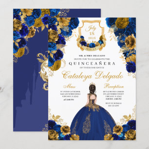 Royal Blue & Gold Floral Elegante Quinceñera Einladung