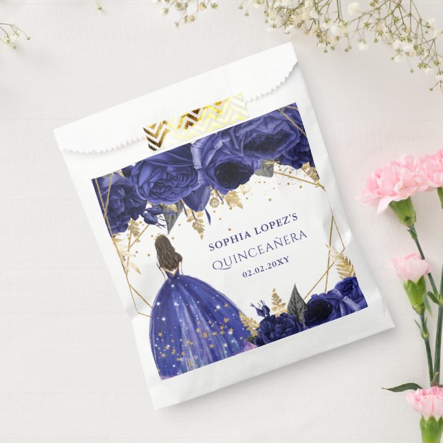 Royal Blue Gold Floral Princess Quinceanera Geschenktütchen (Versiegelt)