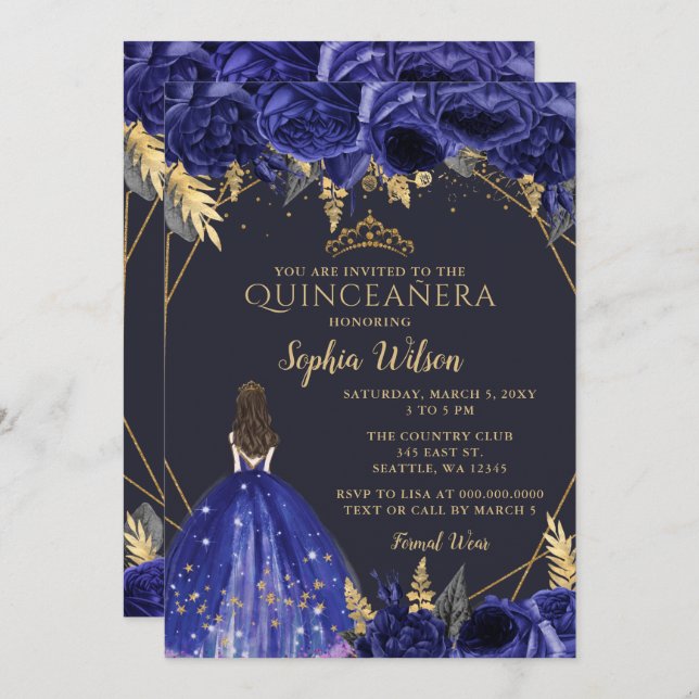 Royal Blue Gold Floral Princess Quinceañera Invi Einladung (Vorne/Hinten)