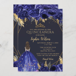 Royal Blue Gold Floral Princess Quinceañera Invi Einladung