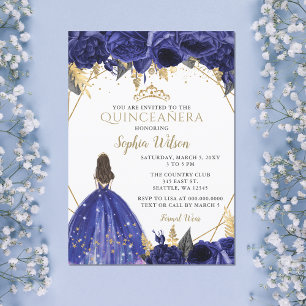 Royal Blue Gold Floral Princess Quinceañera Invita Einladung