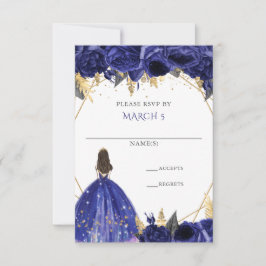 Royal Blue Gold Floral Princess Quinceanera RSVP Karte