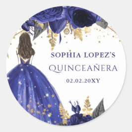 Royal Blue Gold Floral Princess Quinceanera Runder Aufkleber