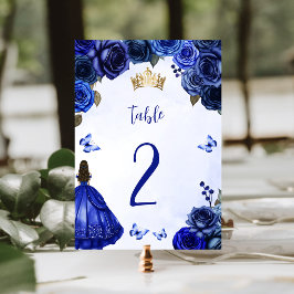 Royal Blue Gold Floral Princess Quinceañera Tischnummer