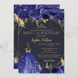 Royal Blue Gold Floral Princess Sweet 16 Einladung
