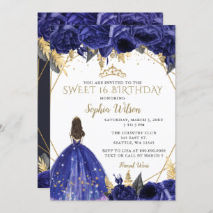 Royal Blue Gold Floral Princess Sweet 16 Einladung