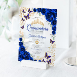 Royal Blue Gold Floral Quinceanera Acryleinladungen