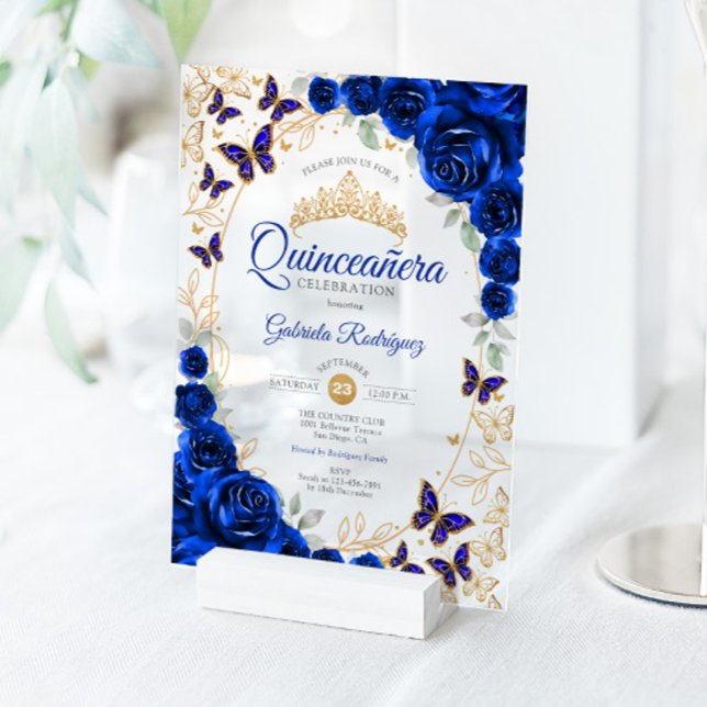 Royal Blue Gold Floral Quinceanera Acryleinladungen (Von Creator hochgeladen)