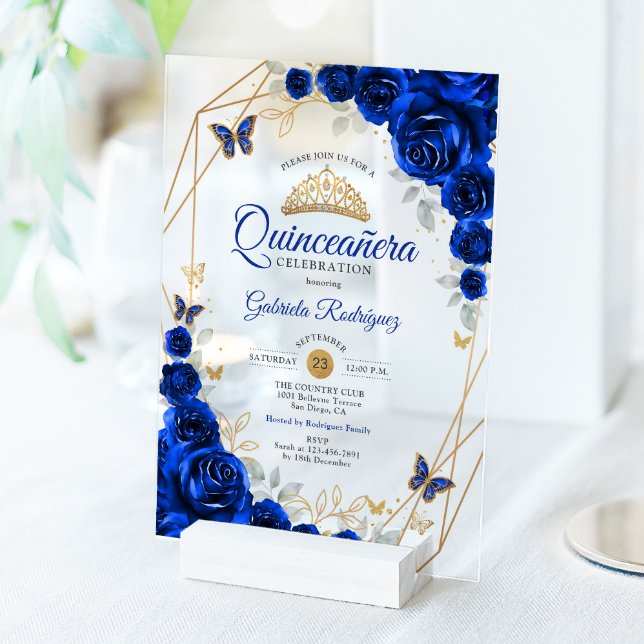 Royal Blue Gold Floral Quinceanera Acryleinladungen (Von Creator hochgeladen)