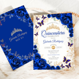Royal Blue Gold Floral Quinceanera Einladung