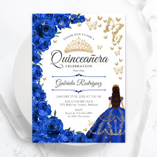 Royal Blue Gold Floral Quinceanera Einladung