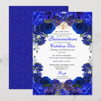 Royal Blue & Gold Floral Quinceanera Geburtstag Einladung