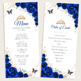 Royal Blue Gold Floral Quinceanera Programmmenü Menükarte