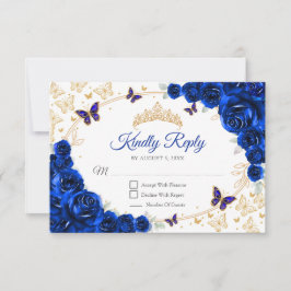 Royal Blue Gold Floral Quinceanera Reply RSVP Karte