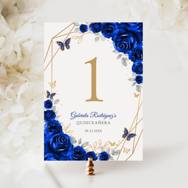 Royal Blue Gold Floral Quinceanera Tischnummer (Von Creator hochgeladen)