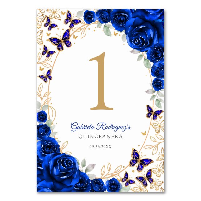 Royal Blue Gold Floral Quinceanera Tischnummer (Vorderseite)