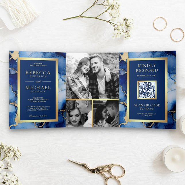 Royal Blue Gold Fluid Ink QR Code Wedding Dreifach Gefaltete Einladung (Von Creator hochgeladen)