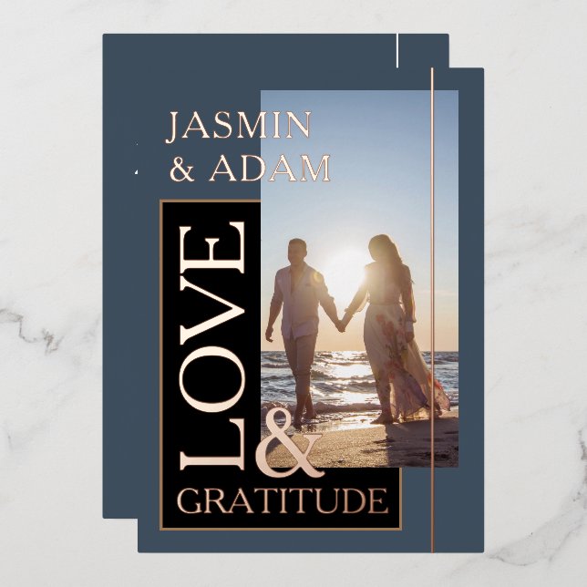 Royal Blue Gold Foto Hochzeit Liebe und Dankbarkei Folieneinladung (Vorderseite/Rückseite)