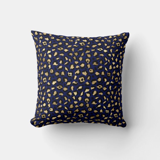 Royal Blue & Gold Glam Leopard Spots Print Kissen (Vorderseite)