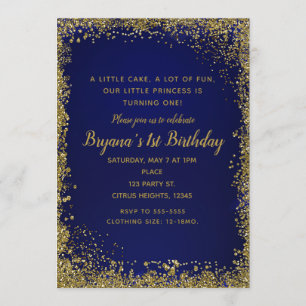 Royal Blue & Gold Glitter Glam 1. Geburtstagsparty Einladung