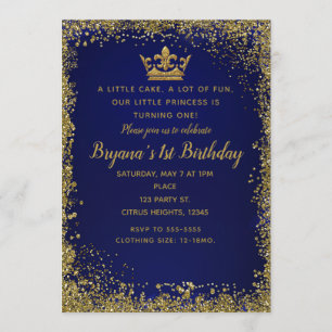 Royal Blue & Gold Glitzer Crown 1ST Geburtstag Par Einladung