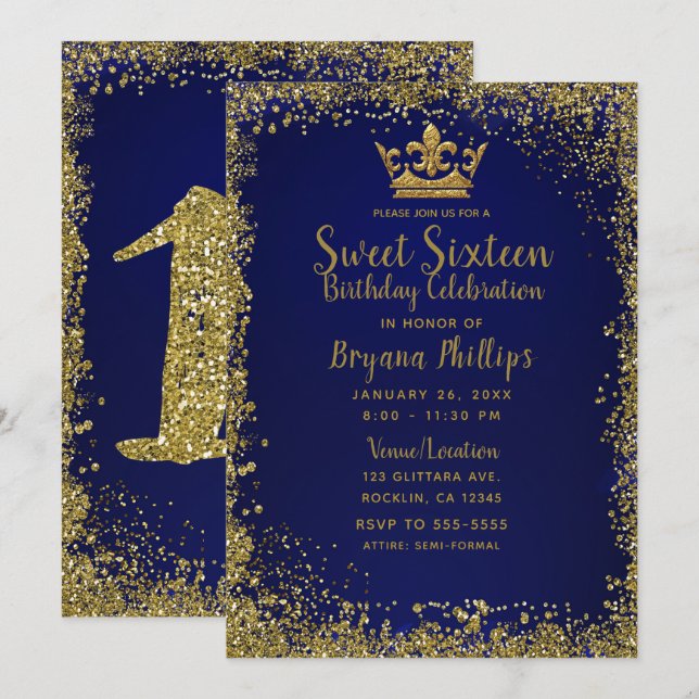 Royal Blue & Gold Glitzer Crown Sweet 16 Party Einladung (Vorne/Hinten)