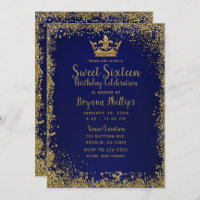 Royal Blue & Gold Glitzer Crown Sweet 16 Party
