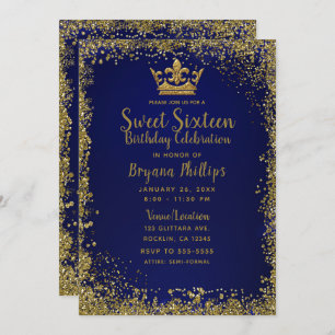 Royal Blue & Gold Glitzer Crown Sweet 16 Party Einladung