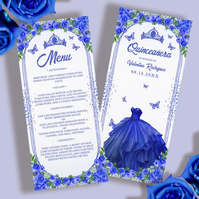 Royal Blue Gold Glitzer Floral Quinceanera Menükarte (Royal Blue Gold Glitter Floral Quinceanera Menu)