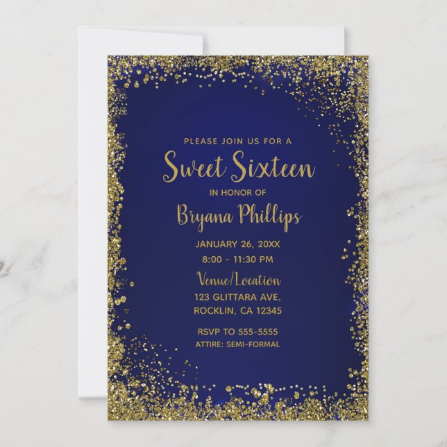 Royal Blue & Gold Glitzer Glam Sweet 16 Party Einladung (Vorderseite)