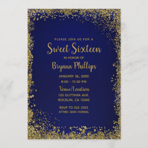 Royal Blue & Gold Glitzer Glam Sweet 16 Party Einladung