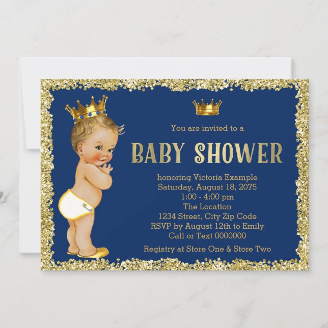Royal Blue Gold Glitzer Prince Baby Dusche Einladung (Vorderseite)