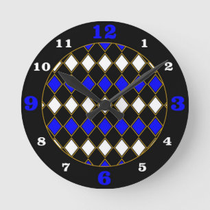 Royal Blue & Gold Harlequin Runde Wanduhr