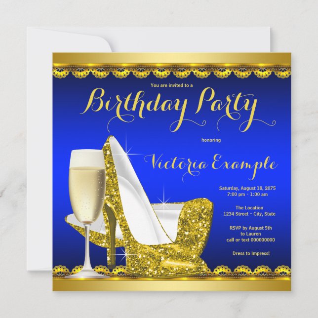 Royal Blue Gold High Heel Birthday Party Einladung (Vorderseite)
