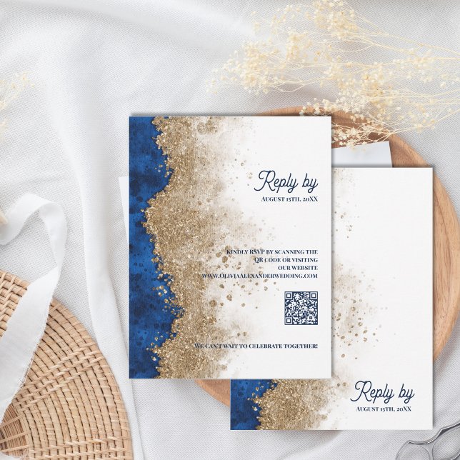 Royal Blue & Gold Hochzeit RSVP mit QR-Code Karte (Royal Blue & Gold Wedding RSVP with QR Code | Modern Elegant Response Card)