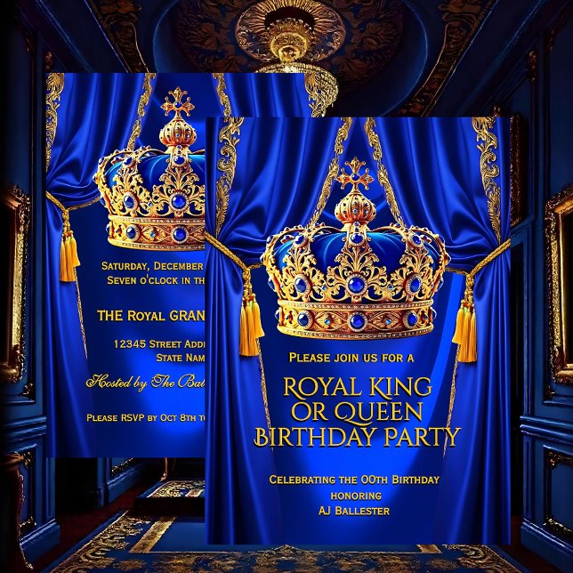 Royal Blue Gold King Queen Crown Birthday Party Einladung (Von Creator hochgeladen)